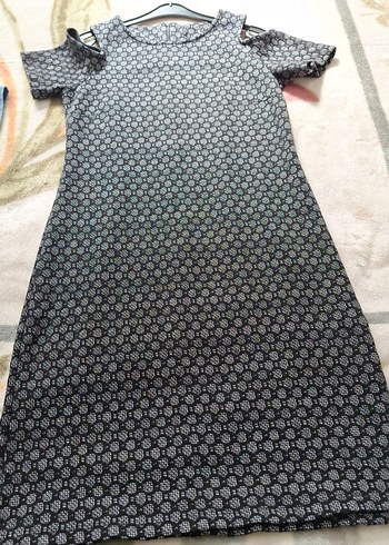 Gri Siyah Desenli Kısa Kollu Midi Elbise - Görsel 2