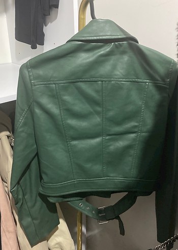 Yeşil Parlak Deri Biker Ceket - Görsel 3