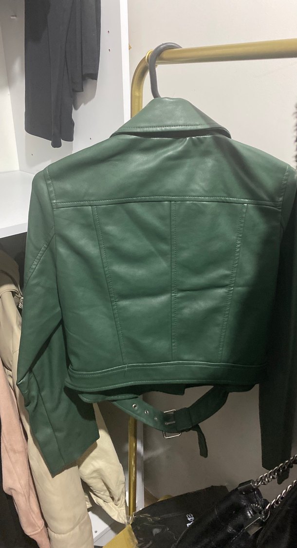 Yeşil Parlak Deri Biker Ceket - Görsel 3