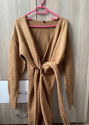 Bej V Yaka Uzun Triko Elbise - Görsel 2