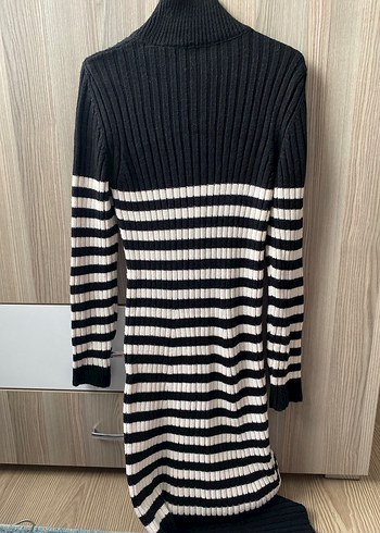 Siyah Beyaz Çizgili Uzun Triko Elbise - Görsel 6