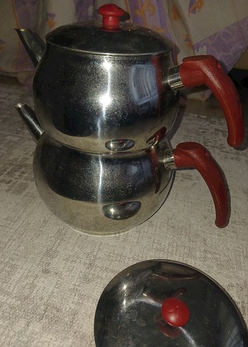 Kırmızı Kulplu Paslanmaz Çelik Çaydanlık Seti - Görsel 3