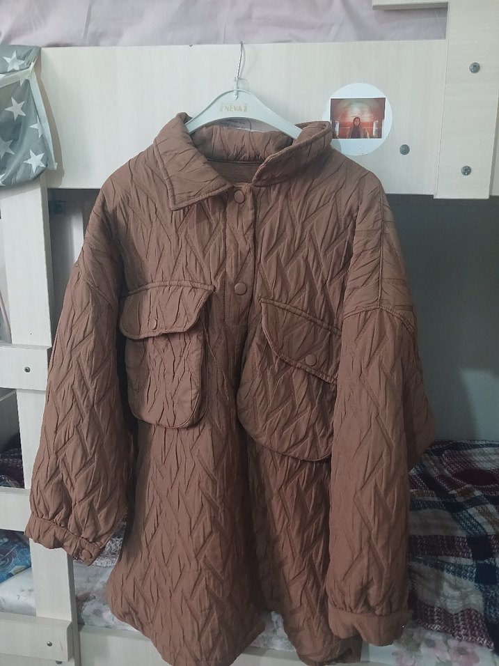 Düğmeli Kahverengi salaş Kadın Ceket - Görsel 5