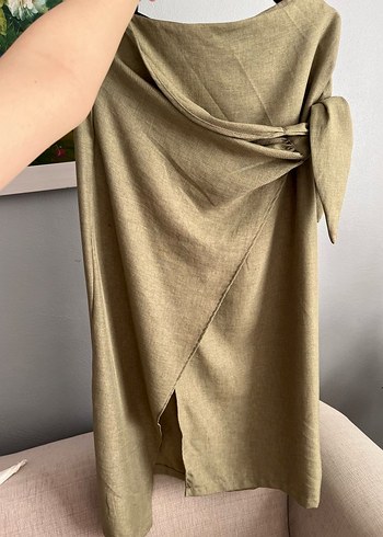 H&M Drapeli Keten Midi Etek