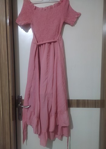 Pembe Uzun Bohem Fırfırlı Elbise - Görsel 4