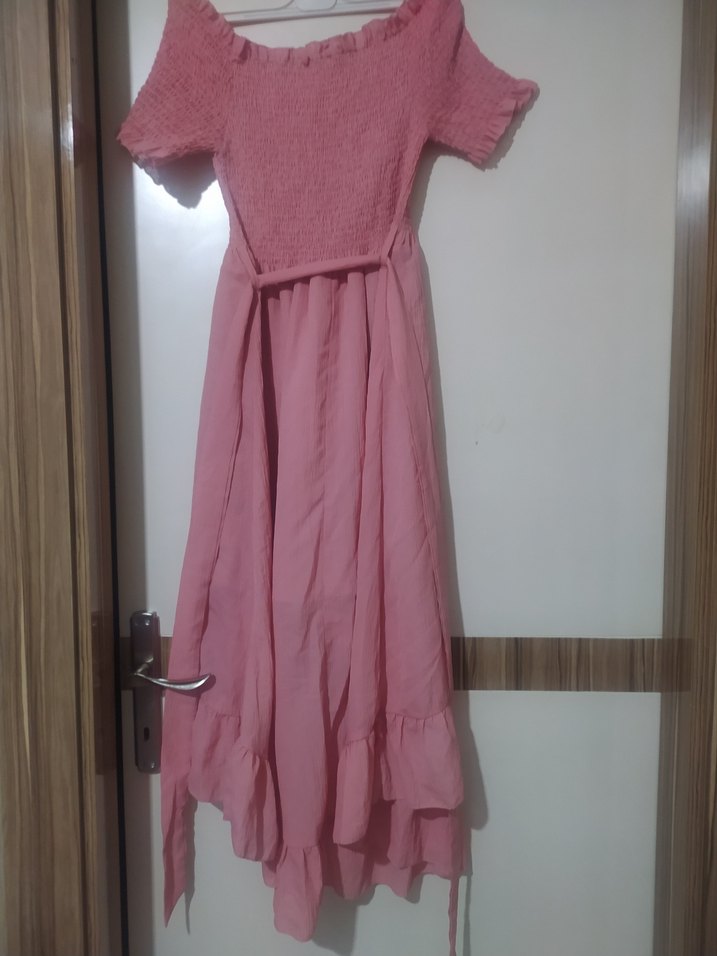 Pembe Uzun Bohem Fırfırlı Elbise - Görsel 4