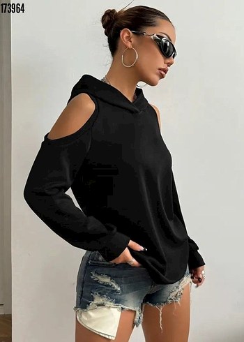 s Beden Siyah Kapüşonlu Omuz Dekolteli Sweatshirt