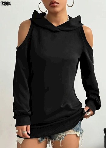 Siyah Kapüşonlu Omuz Dekolteli Sweatshirt