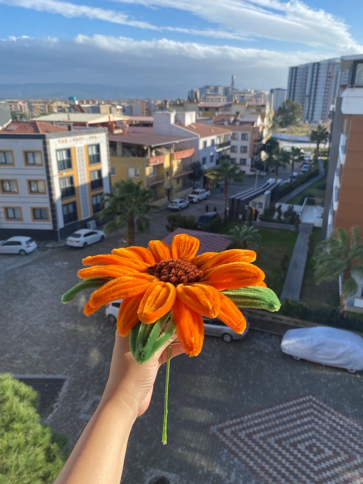 Turuncu Ayçiçeği Şönil Çiçek Buketi - Görsel 2