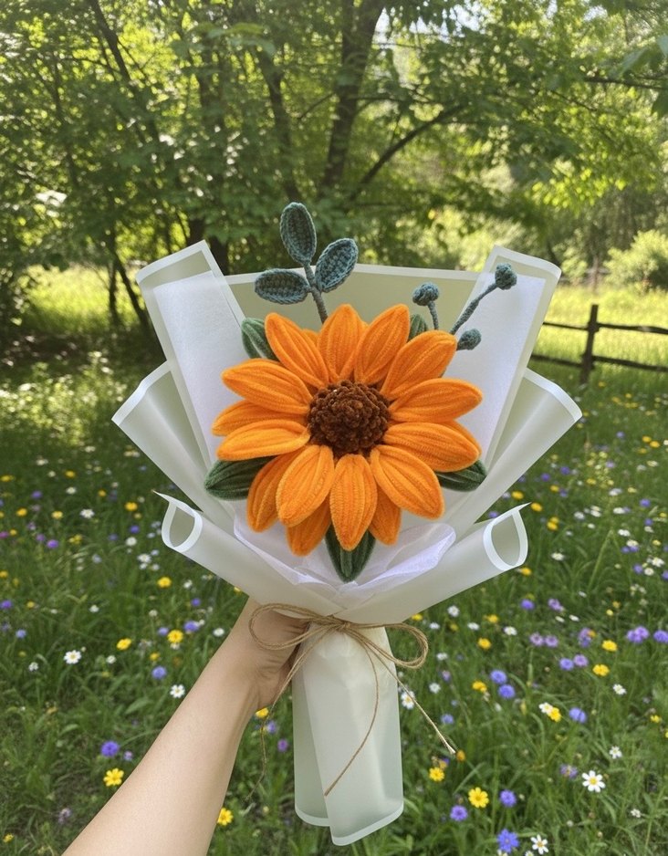 Turuncu Ayçiçeği Şönil Çiçek Buketi - Görsel 3