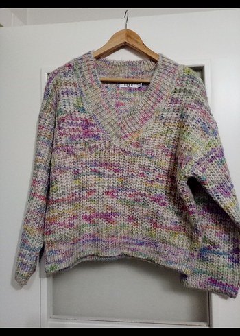 V Yaka Çok Renkli Örgü Kadın Kazak - Görsel 4