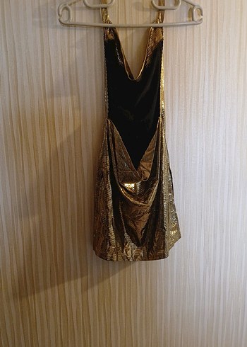 Drapeli Altın Rengi Midi Abiye Elbise - Görsel 2