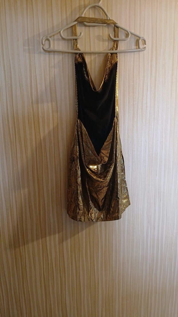 Drapeli Altın Rengi Midi Abiye Elbise - Görsel 2