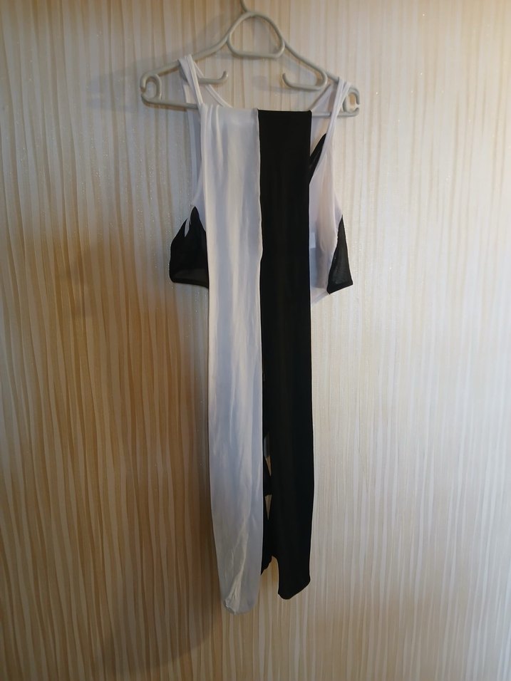 Beyaz Siyah Asimetrik Midi Elbise Sıfır Gümrük - Görsel 3