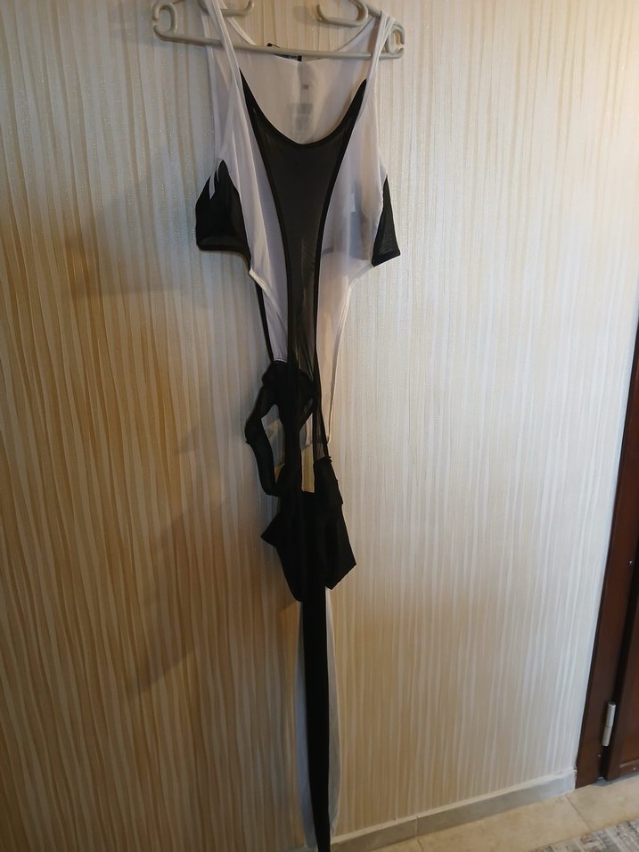 Beyaz Siyah Asimetrik Midi Elbise Sıfır Gümrük - Görsel 2