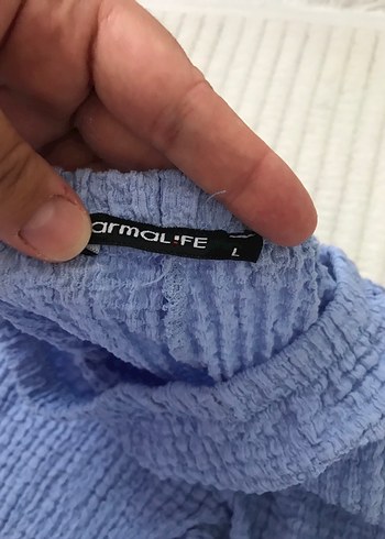 Armalife Mavi Örgü Dokulu Keten Kadın Kumaş Pantolon
