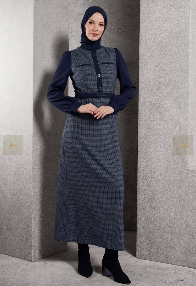 Kemerli Lacivert Kadın Ofis Elbisesi - Görsel 4