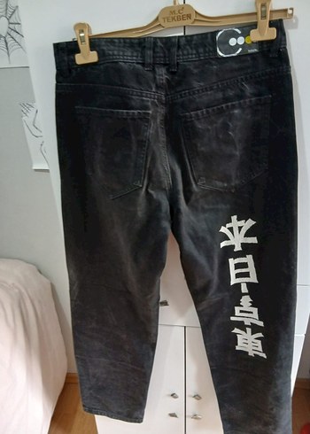 hem erkek hem Kadın Siyah Baskılı Gevşek Kesim Kot Pantolon - Görsel 2