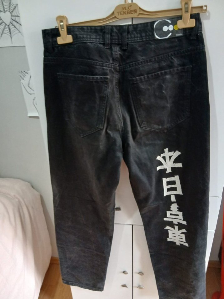 hem erkek hem Kadın Siyah Baskılı Gevşek Kesim Kot Pantolon - Görsel 2