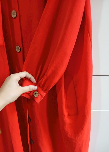 Düğmeli nar çiceği renkli Uzun Kollu Kadın tunik - Görsel 3