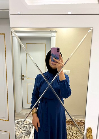 Uzun Koyu Mavi Denim Elbise