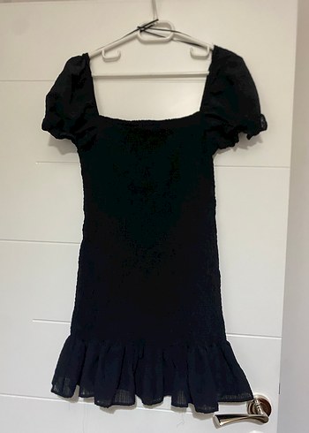 Siyah Kısa Kollu Midi Keten Elbise - Görsel 2