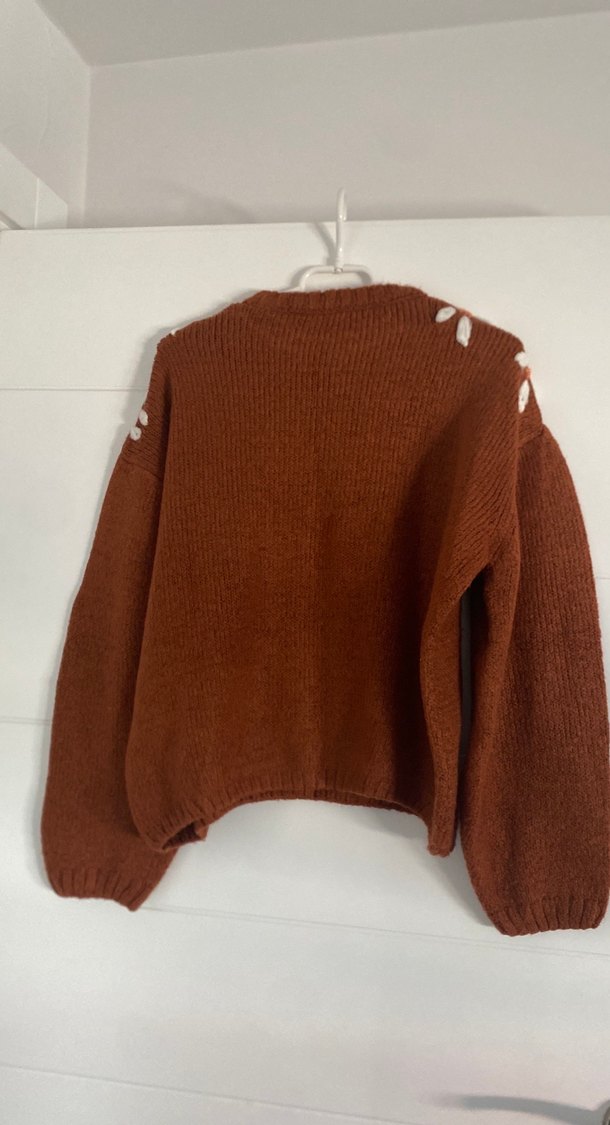 Bohem Tarz Nakışlı Kahverengi Triko Kazak - Görsel 2