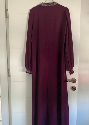 Bordo Uzun Kollu Nakışlı Uzun Elbise - Görsel 2