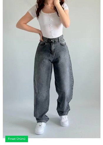 Gri Loose Fit Kadın Denim Pantolon