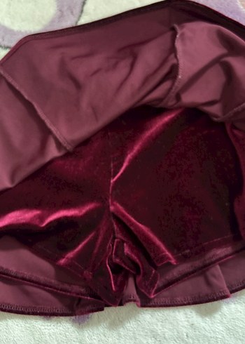 Bordo Kadife Pileli Kız Şort Etek - Görsel 2