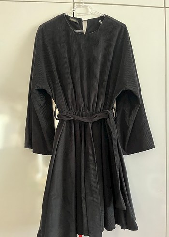 Siyah Midi Boy kadife Uzun Kollu Salaş Elbise - Görsel 5