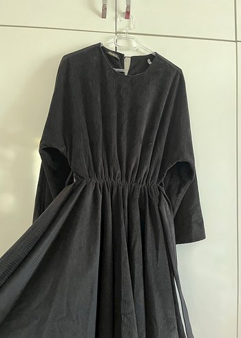 Siyah Midi Boy kadife Uzun Kollu Salaş Elbise - Görsel 2