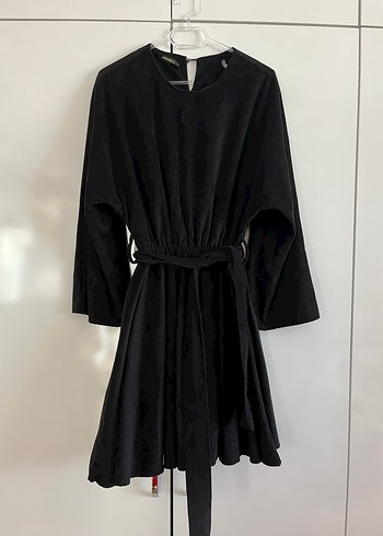 Siyah Midi Boy kadife Uzun Kollu Salaş Elbise - Görsel 4