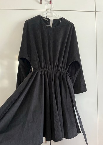 Siyah Midi Boy kadife Uzun Kollu Salaş Elbise - Görsel 3