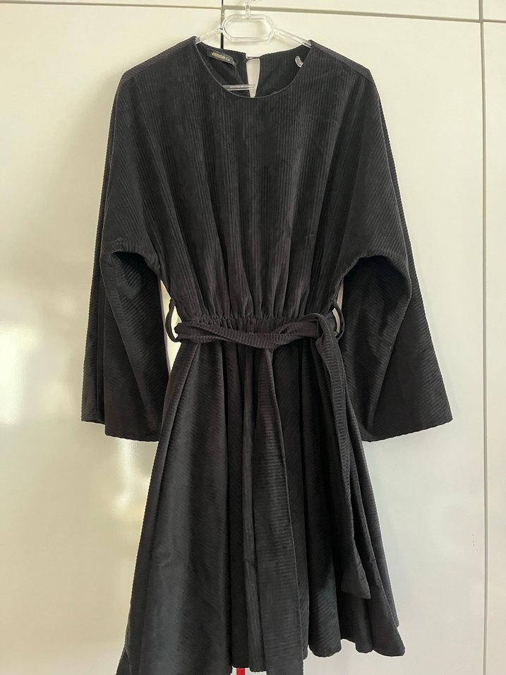 Siyah Midi Boy kadife Uzun Kollu Salaş Elbise - Görsel 5