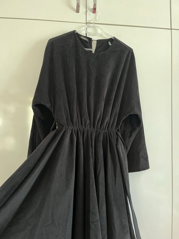 Siyah Midi Boy kadife Uzun Kollu Salaş Elbise - Görsel 2