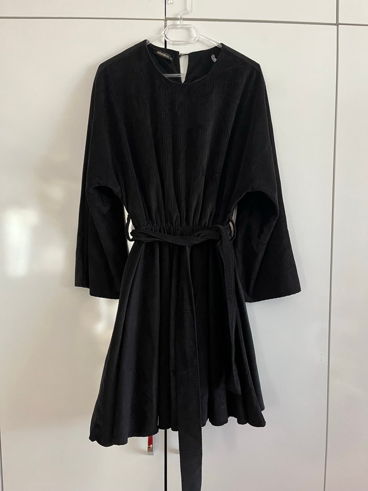 Siyah Midi Boy kadife Uzun Kollu Salaş Elbise - Görsel 4