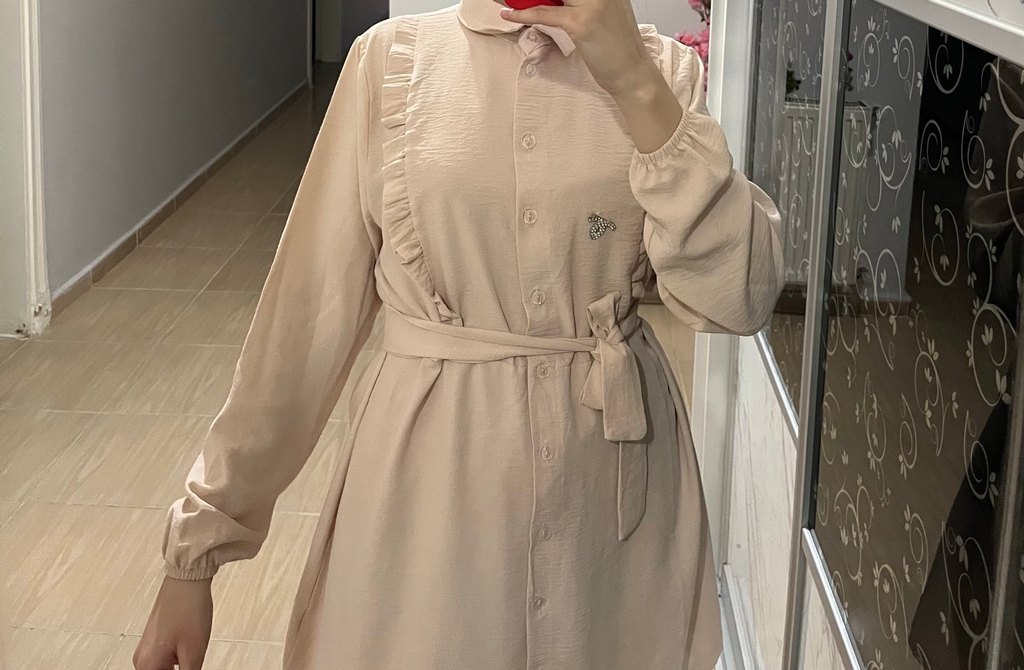 Bej Uzun Kollu Düğmeli Hamile Bluzu - Görsel 4