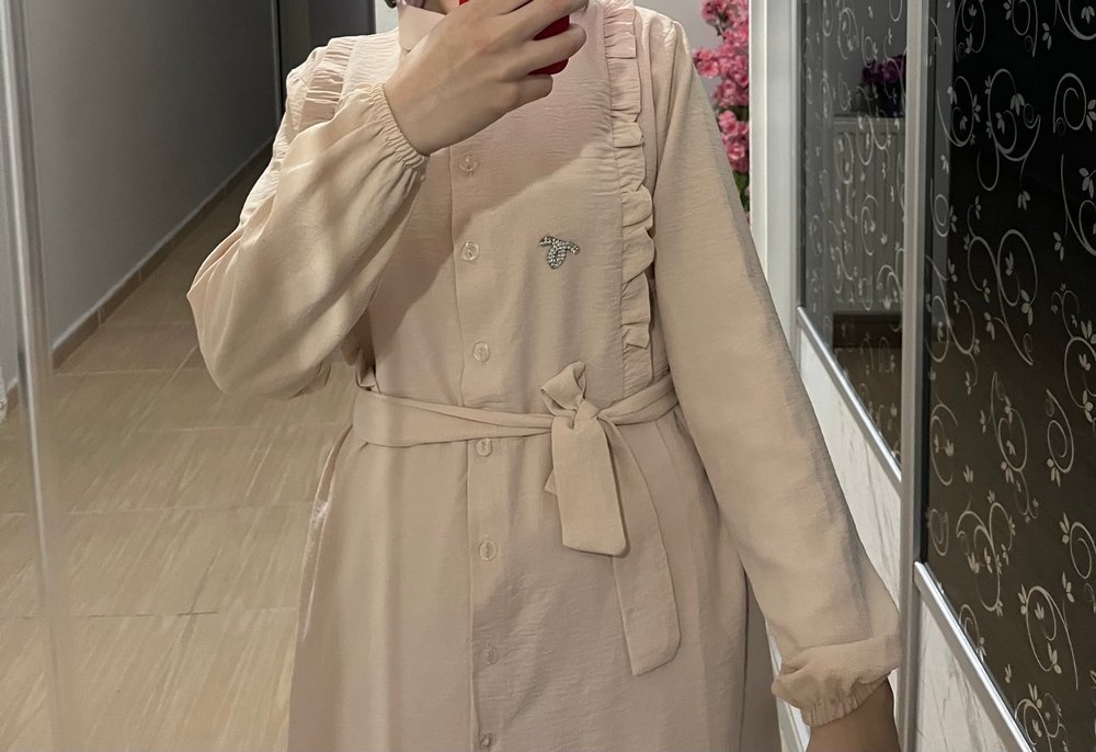 Bej Uzun Kollu Düğmeli Hamile Bluzu - Görsel 2