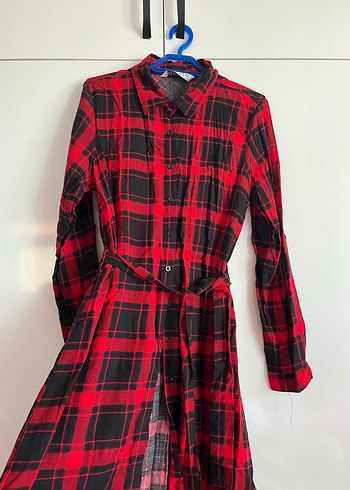 Kemerli Kırmızı Kareli Uzun Kollu Kadın Gömlek - Görsel 2