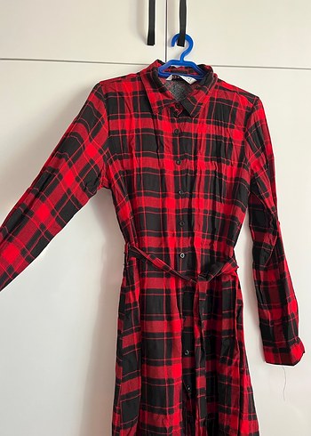 Kemerli Kırmızı Kareli Uzun Kollu Kadın Gömlek - Görsel 3