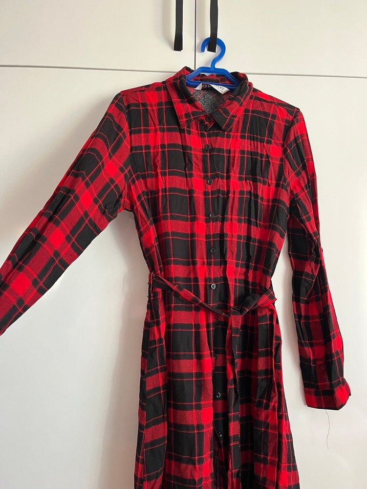 Kemerli Kırmızı Kareli Uzun Kollu Kadın Gömlek - Görsel 3