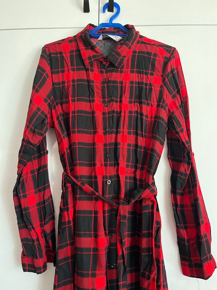 Kemerli Kırmızı Kareli Uzun Kollu Kadın Gömlek - Görsel 4