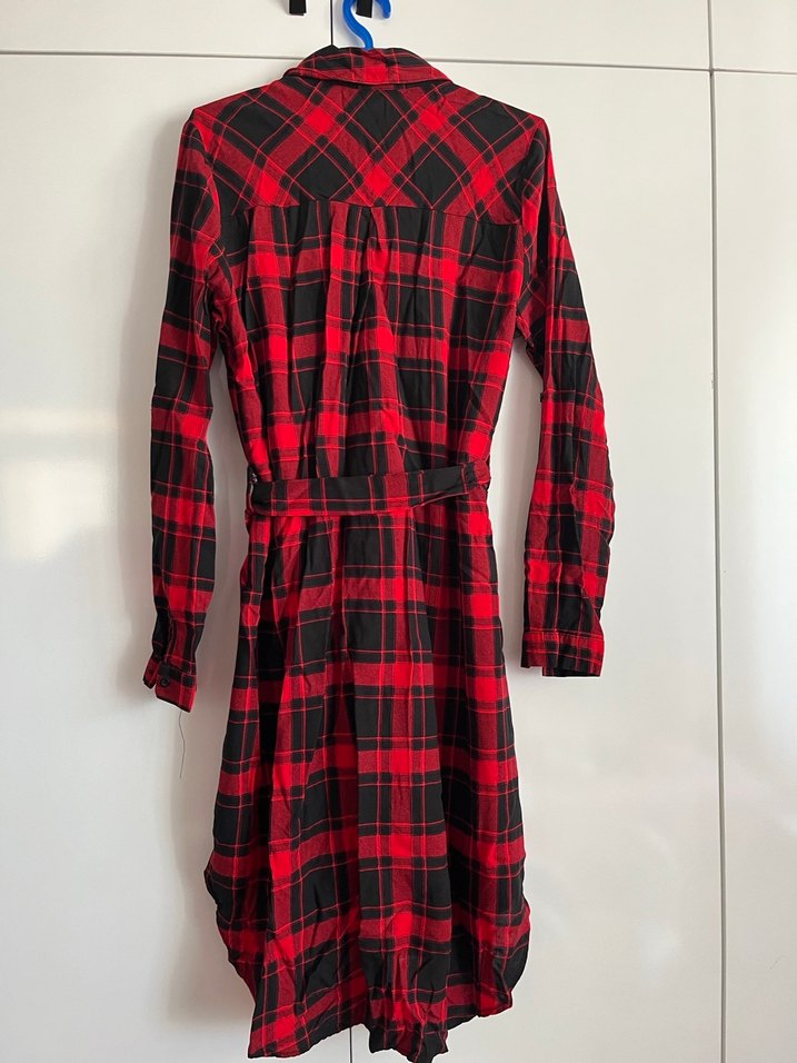 Kemerli Kırmızı Kareli Uzun Kollu Kadın Gömlek - Görsel 5