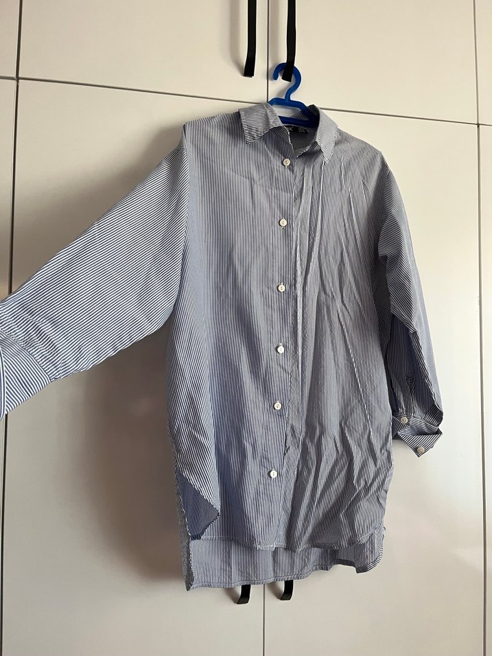 Mavi  Düğmeli Kadın Keten Gömlek - Görsel 2