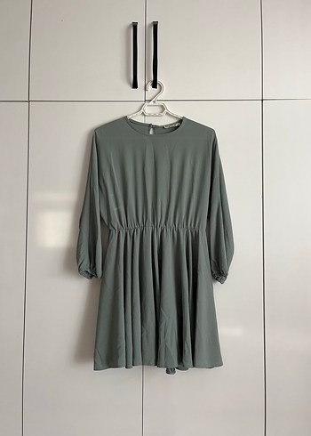 Mint Yeşili  Midi Uzun Kollu Salaş Keten Elbise - Görsel 3