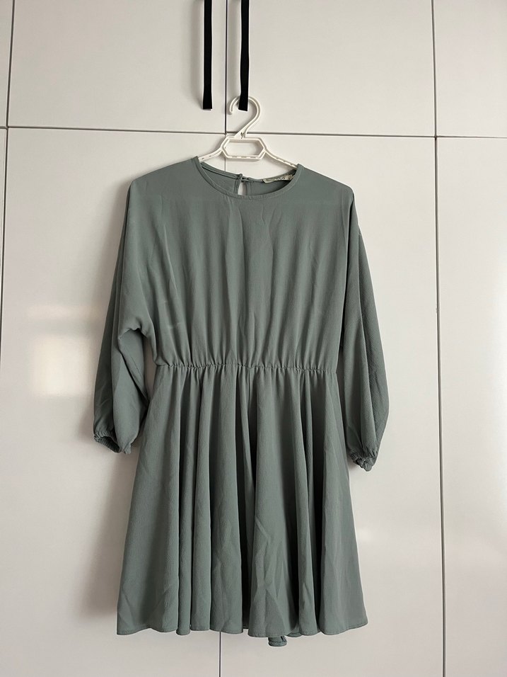 Mint Yeşili  Midi Uzun Kollu Salaş Keten Elbise - Görsel 2