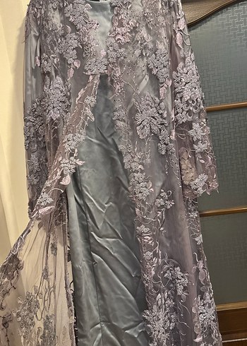 Nakışlı Uzun Gri Kadın abiye elbise - Görsel 2