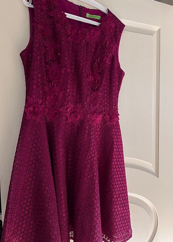 Fuşya pembeNakışlı Dantelli Midi Abiye Elbise - Görsel 3