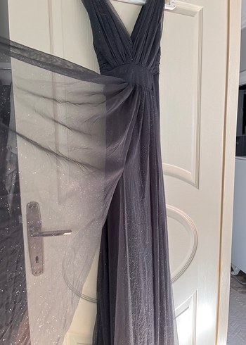 Gri Drapeli Uzun Abiye Elbise - Görsel 3